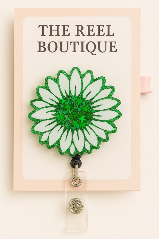 Green Glitter Daisy Badge Reel Topper