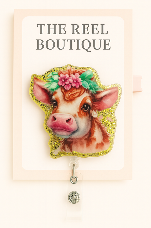Floral Cow Badge Reel Topper