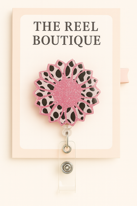 Pink Glitter Leopard Daisy Badge Reel Topper