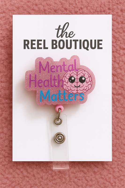 Mental Health Matters" Pink Glitter Kawaii Brain Badge Reel