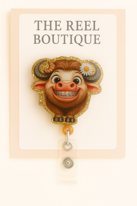 Brace-Faced Cow Badge Reel Topper
