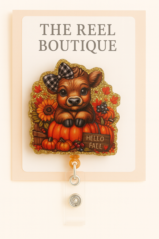 Hello Fall Cow Badge Reel Topper