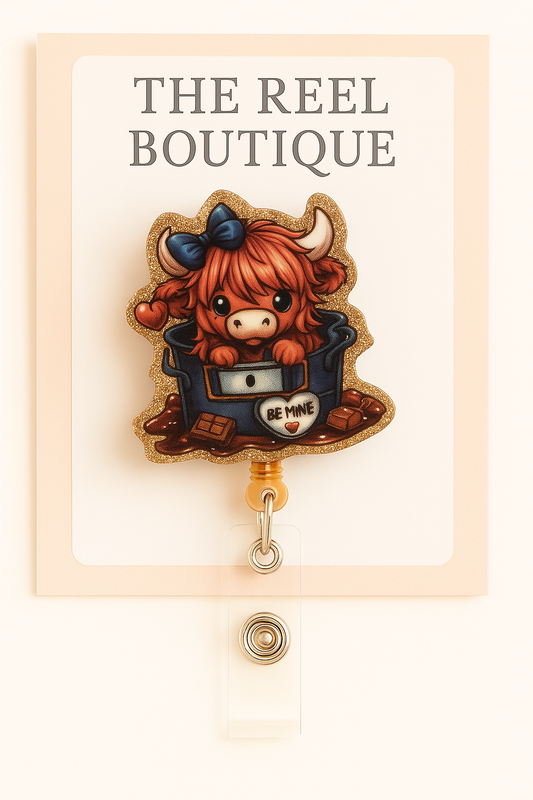 Be Mine Highland Cow Badge Reel Topper